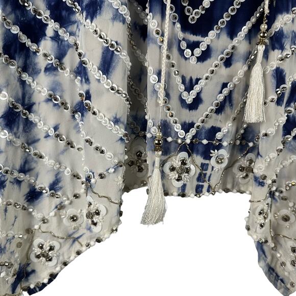 Taj by Sabrina Crippa Blue and White Beaded Kaftan Silk Blouse Size S Cover Up - Picture 8 of 16